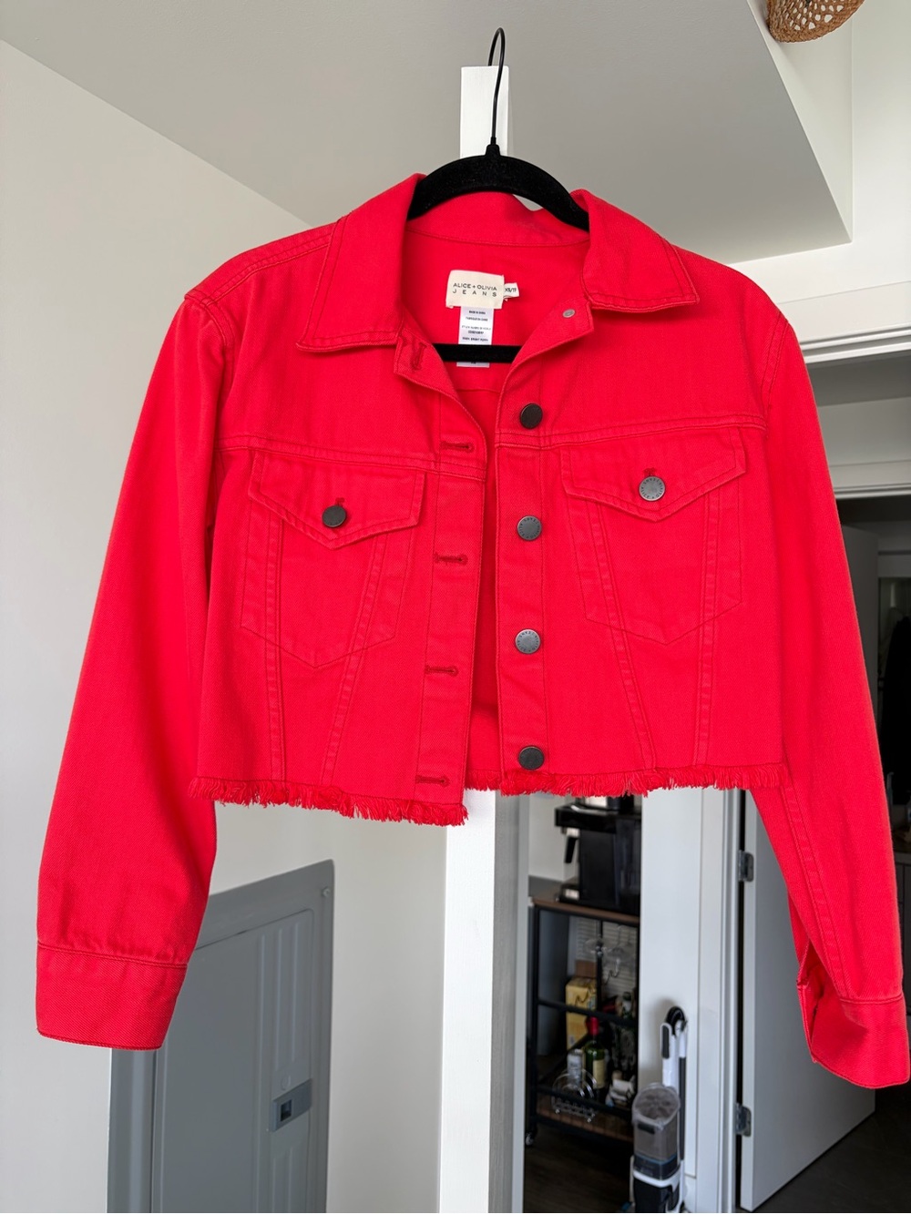 Alice & Olivia Boxy Cropped Frayed Hem Denim Jacket Bright Poppy Size XS
